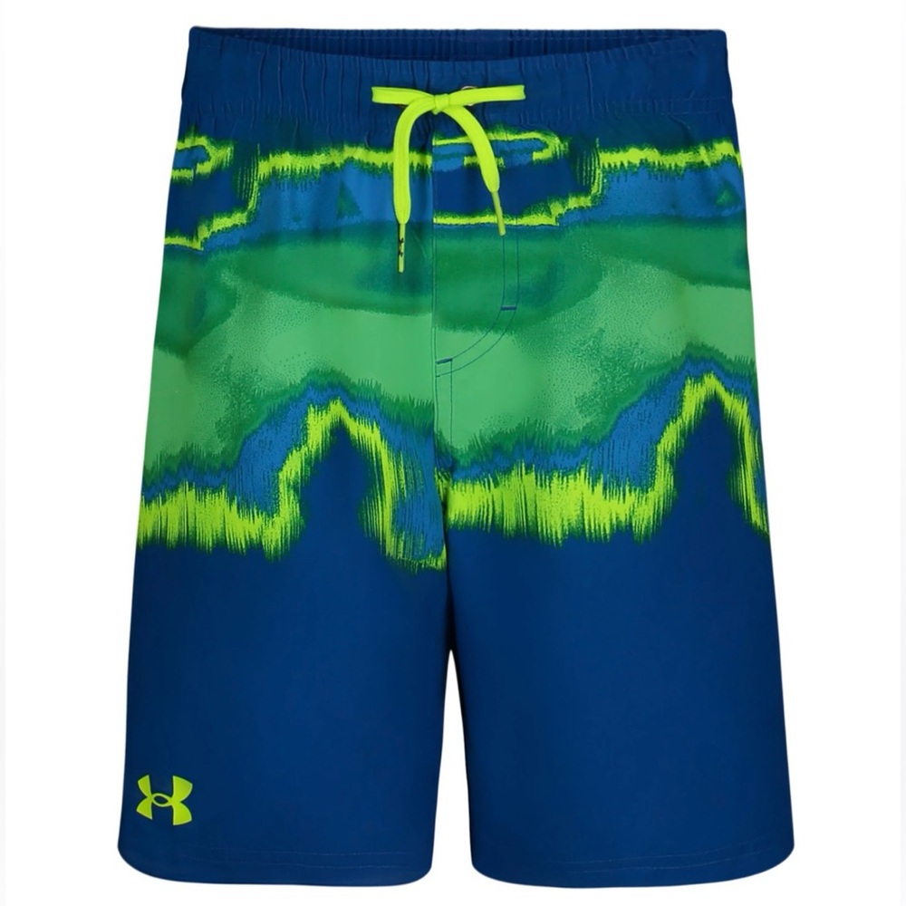 NEW Youth Boy Under Armour Blue Green Adjustable Drawstring Swim Trunks